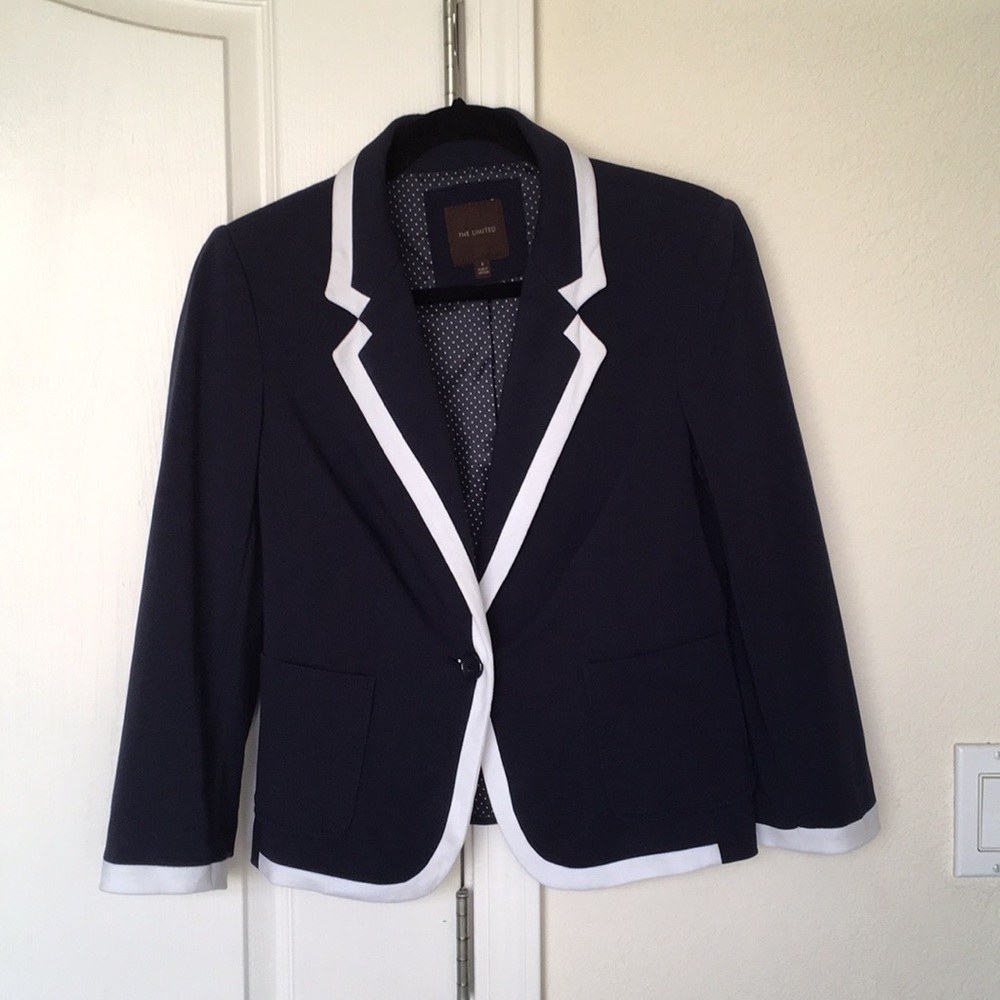 The Limited navy piped 3/4 blazer